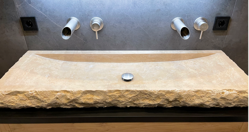 Troia Light Travertine Rectangular Vessel Sink Honed and Hand-Split (W)16