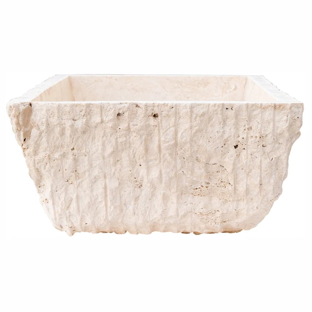 Troia Light Rustic Natural Stone Vessel Sink Honed Interior Hand Chiseled Exterior (W)12" (L)17" (H)6"