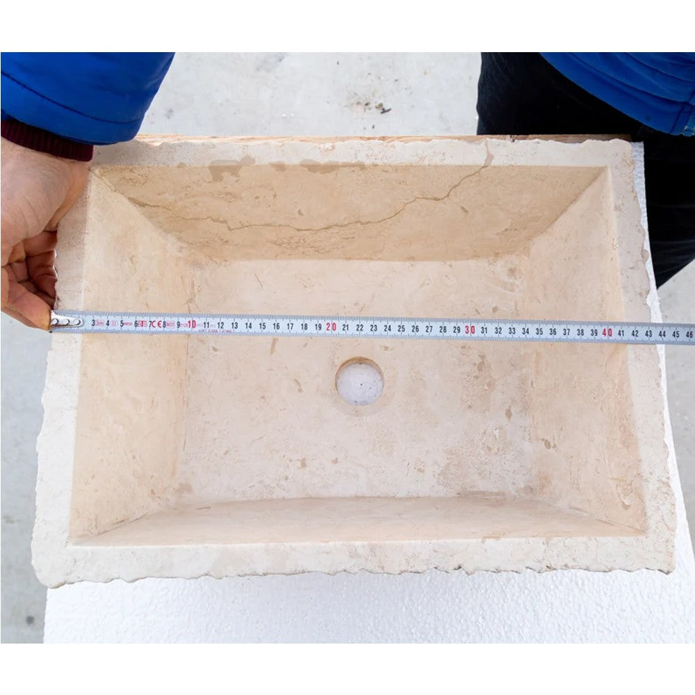 Troia Light Rustic Natural Stone Vessel Sink Honed Interior Hand Chiseled Exterior (W)12" (L)17" (H)6"