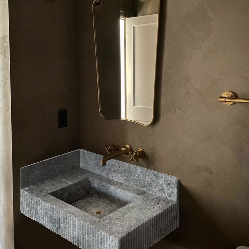 Tundra Gray Marble Rectangular Wall-mount Bathroom Sink with 6