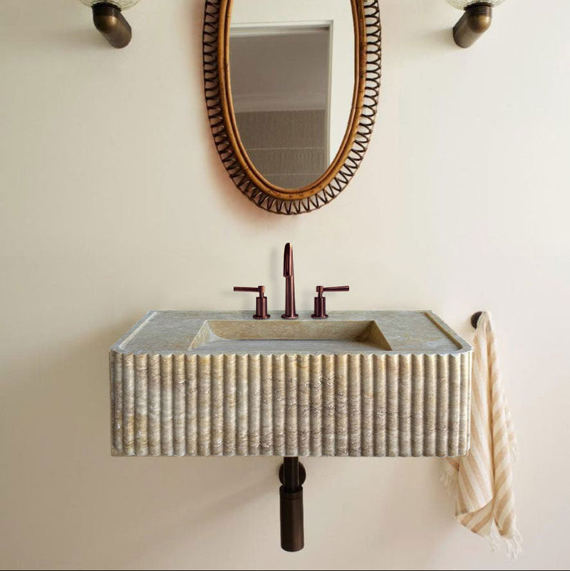 Walnut Travertine Rectangular Wall-mount Bathroom Sink Fluted (W)16